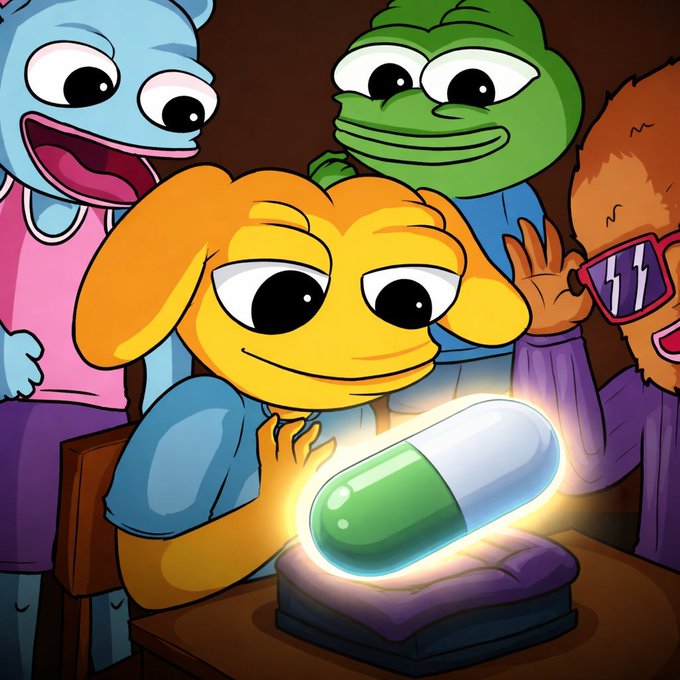 A cartoon illustration showing four colorful characters—two blue and green frog-like creatures, an orange furry character, and a yellow character in the center—gathered around a glowing green and white pill resting on a purple cushion.
