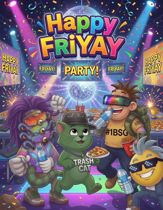 A vibrant, cartoon-style party scene features characters including a green "TRASH CAT" holding pizza, a figure with purple dreadlocks wearing pixel sunglasses, and a "#1BSG" shirt-wearing character, all set against neon-lit banners reading "Happy FriYAY PARTY!" and "FRIYA!"—perfectly capturing the celebratory FriYAY energy referenced in the post.