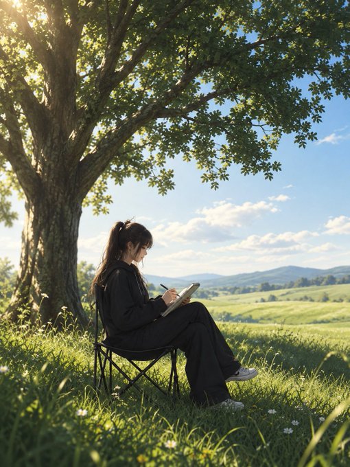 A young woman with a ponytail, dressed in black, sits on a folding chair under a large tree in a grassy field, writing in a notebook with rolling green hills and a blue sky in the background.