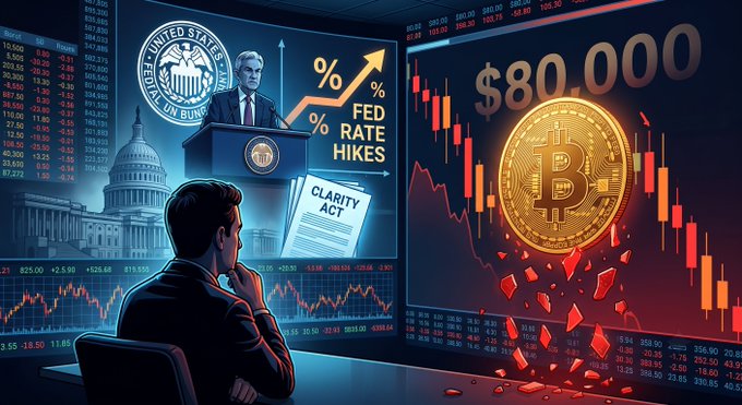 A digital illustration depicting the Federal Reserve, Jerome Powell, 'FED RATE HIKES,' the Clarity Act, Bitcoin reaching $80,000, and a man watching falling red market charts.