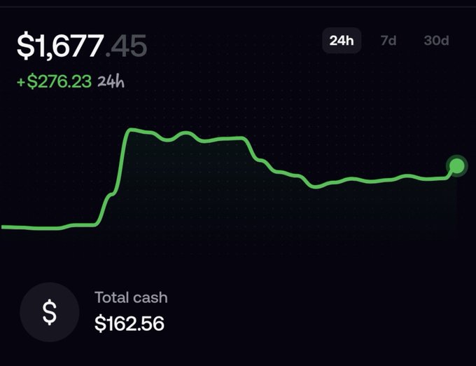 A financial chart showing a balance of $1,677.45 with a 24h gain of +$276.23, displaying a green upward trend line and a total cash balance of $162.56.