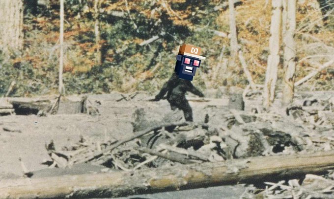A pixel art TARDIS from Doctor Who is superimposed onto the body of Bigfoot walking through a forest clearing.