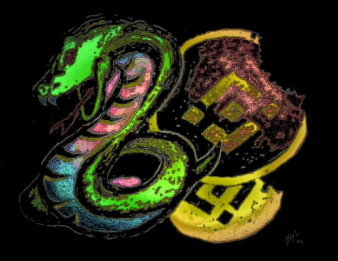 A colorful, stylized digital artwork of a coiled dragon-like creature in bright green, pink, and yellow against a black background, with signature visible in the bottom right.