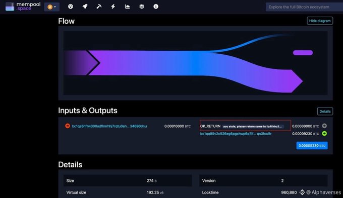 A screenshot from mempool.space showing a transaction flow diagram with a Sankey-style visualization, displaying input/output details and a red warning box that reads 'OP_RETURN yes mate, please return some bc1q4t9x9...'