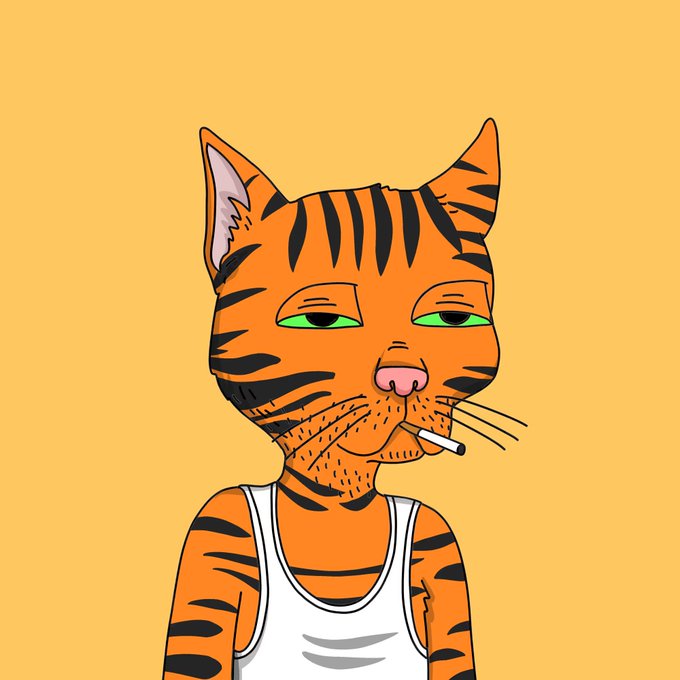 An illustrated orange tiger character with half-closed green eyes, stubble, and a cigarette dangling from its mouth wears a white tank top against a yellow background.