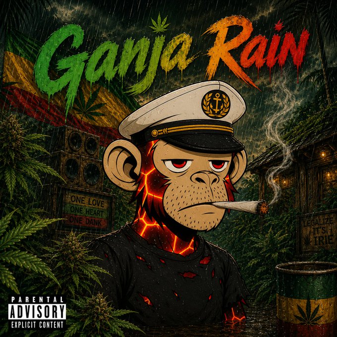 Cover art for 'Ganja Rain' featuring a stylized monkey character in a sailor hat smoking a joint, with glowing lava cracks on its face, set in a rainy jungle scene with Rastafarian colors and a 'Parental Advisory Explicit Content' label.