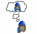 A small pixel-art character wearing a blue hat thinks about a house displayed in a thought bubble above.