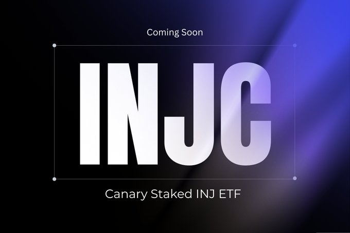 A sleek, dark promotional graphic announces "Coming Soon" for the "Canary Staked INJ ETF," featuring large bold text "INJ" on a purple and black gradient background.