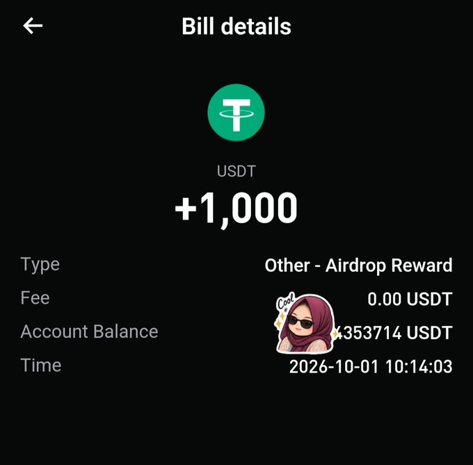 A mobile app bill details page for a USDT transaction showing +1,000 as 'Other - Airdrop Reward' with an account balance of 353714 USDT dated 2026-10-01.