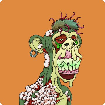 A cartoon-style illustration of a grotesque green-skinned zombie-like creature with exposed teeth, an earring, and wounds, set against a solid orange background.