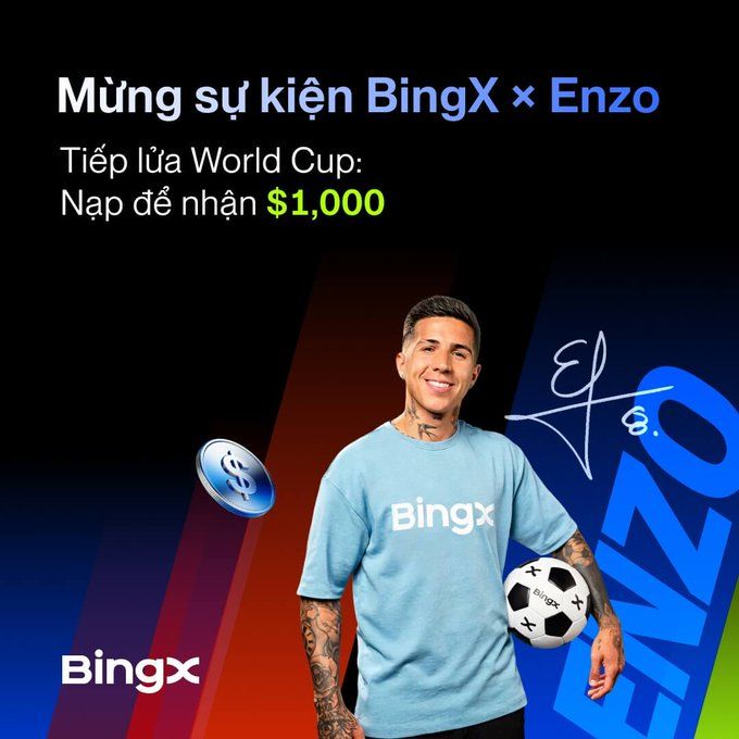 The image features a man standing next to a soccer ball with a sign that says "Bingx kíen Býn x Enzo" above him. The man has tattoos on his arms and is wearing a blue shirt, which matches the color of the soccer ball he's holding. The background of the image is black, making it stand out against the white text in the post.