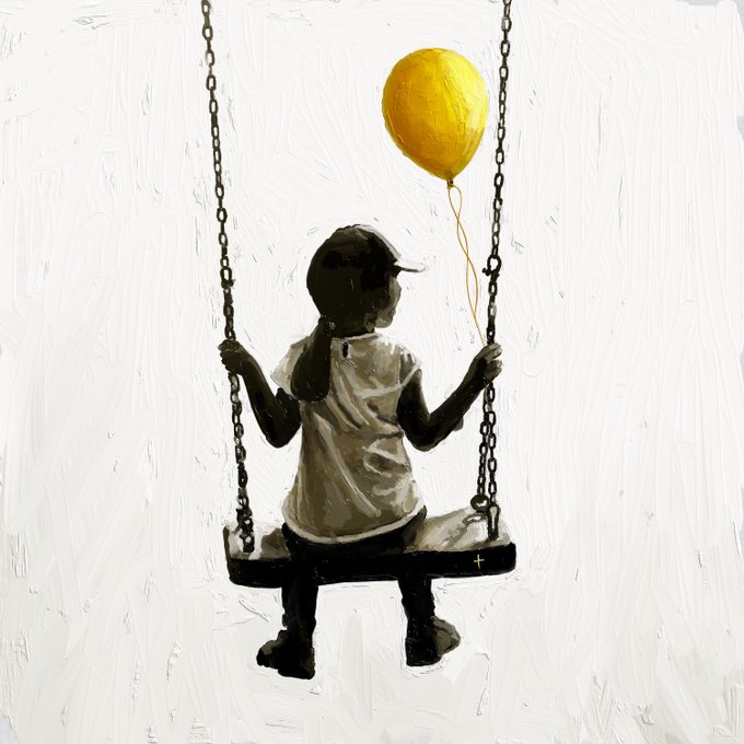 A grayscale painting depicts a child sitting on a swing from behind, holding a single yellow balloon against a white background.