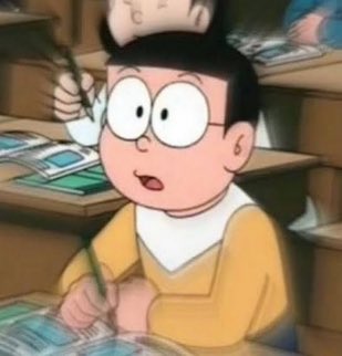 The image shows Nobita from the anime Doraemon sitting at a school desk with a pencil, looking surprised or focused as he realizes something important. This aligns with the post's theme of having a sudden realization or putting the puzzle pieces together, with Nobita's classic expression of sudden understanding mirroring the "dots connected and became a dot" revelation mentioned in the caption.