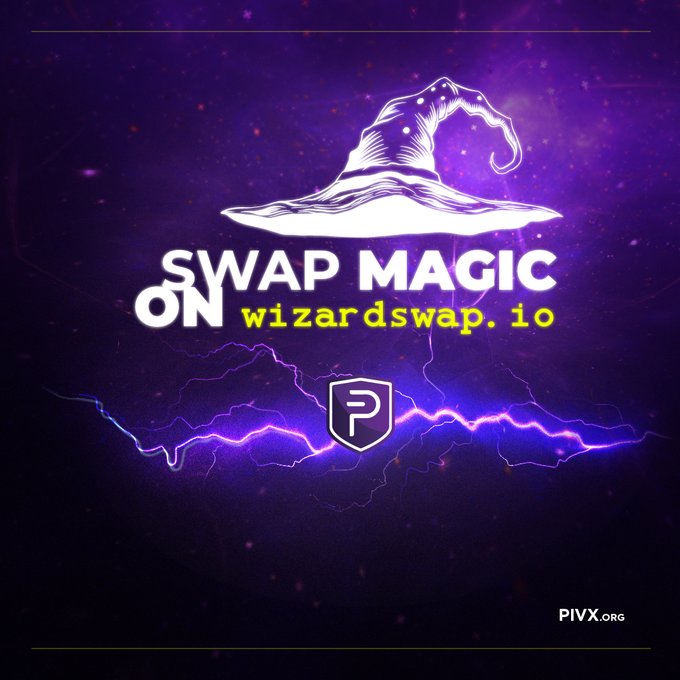 A purple promotional graphic features a wizard hat illustration with the text 'SWAP MAGIC ON wizardswap.io' and 'PIVX.ORG'.