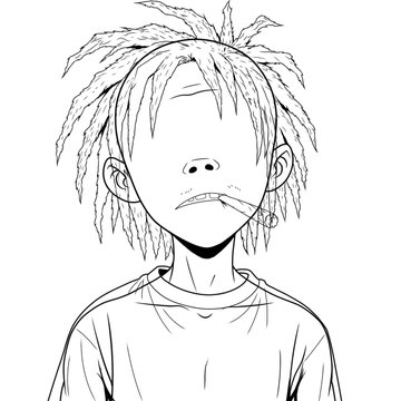 Black-and-white sketch-style drawing of a person with messy dreadlocks, dot eyes, and a frowning mouth, wearing a plain t-shirt.