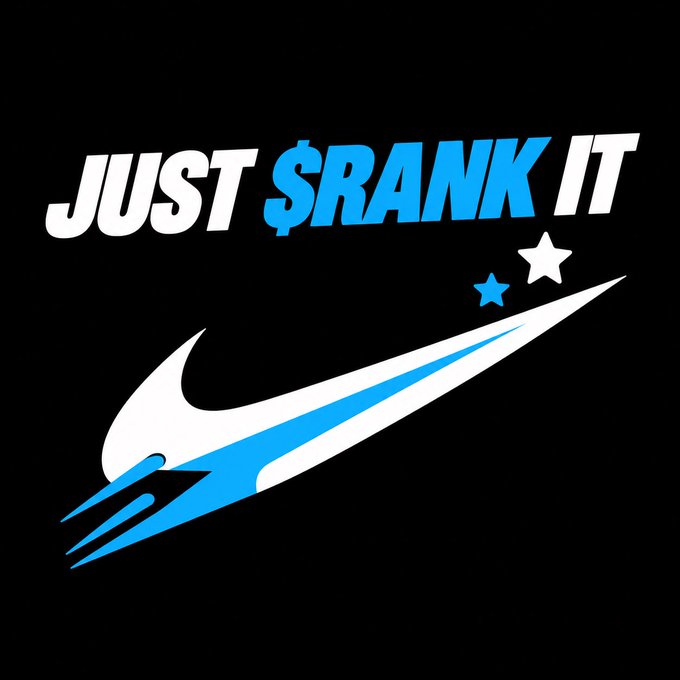 A black graphic with bold text reading 'JUST $RANK IT' featuring a Nike-style swoosh and stars in white and blue.