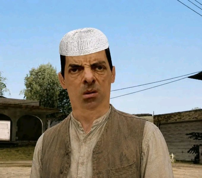 A screenshot from what appears to be a video game or animation showing a Middle Eastern man wearing a white prayer cap and beige vest with a confused expression.