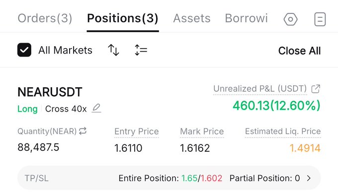 A screenshot of a cryptocurrency trading interface showing a long position on the NEARUSDT pair, with an unrealized profit of 460.13 USDT.