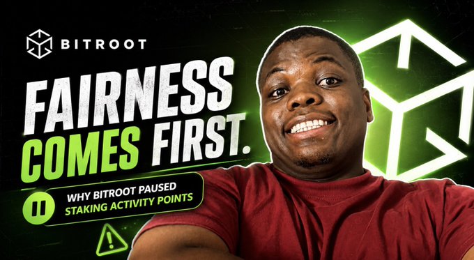 A thumbnail for Bitroot featuring a smiling man with the text 'FAIRNESS COMES FIRST' and 'WHY BITROOT PAUSED STAKING ACTIVITY POINTS'.
