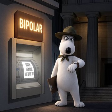 A cartoon dog in a fedora and trench coat checks an ATM labeled "BIPOLAR" that displays "SORRY COMING NOT LIKE US," symbolizing the secretive, exclusive nature of the upcoming $BIPOLAR meme coin launch on Pumpfun with its growing cult community awaiting tomorrow's 5PM UTC debut.