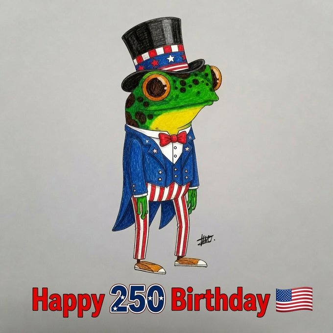A hand-drawn illustration of a frog dressed in patriotic Uncle Sam attire—a top hat with stars and stripes, a blue tailcoat, and red-and-white striped pants—standing above the text "Happy 250th Birthday" alongside an American flag emoji. The festive Fourth of July artwork serves as a fitting visual backdrop for the July 4th FIFA World Cup giveaway post, tying in the Independence Day celebration with the contest's patriotic spirit.