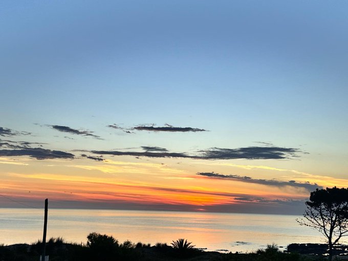 A scenic photograph of a sunset over the ocean, featuring orange and yellow hues reflecting on the water beneath a sky with scattered clouds, with dark silhouettes of trees in the foreground.