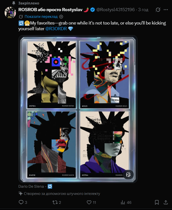 Screenshot of a Twitter/X post by 'ROSTROB або просто Rostyslav' (@Rostysl43152196) sharing four generative art portraits of Dario De Siena created using artificial intelligence.