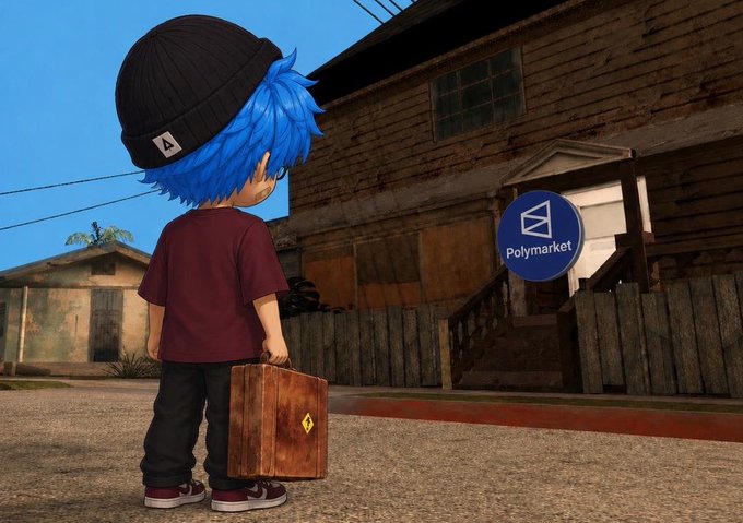 A blue-haired anime character wearing a black beanie and maroon shirt stands facing away while holding a brown suitcase, with a "Polymarket" logo visible on a nearby building. The image illustrates the post's mention of turning $2 into $0 on Polymarket, suggesting a risky or unsuccessful betting outcome.