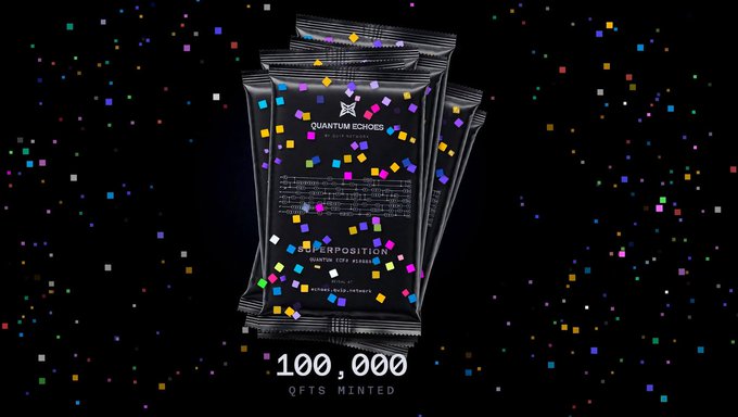 Marketing image displaying '100,000 QFTS MINTED' for Quantum Echoes with colorful confetti on black packaging.