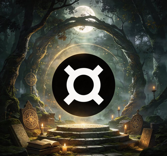 A mystical fantasy scene featuring a glowing white circular symbol on a black orb in the center, surrounded by ancient trees, a full moon, stone tablets with runes, and lit candles in a dark forest setting.