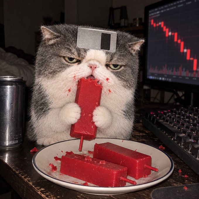 Whimsical meme image of a chubby cat with a sticky note on its head, aggressively biting into a red popsicle while more popsicles sit on a plate, with a trading chart showing red candles and a keyboard in the background.