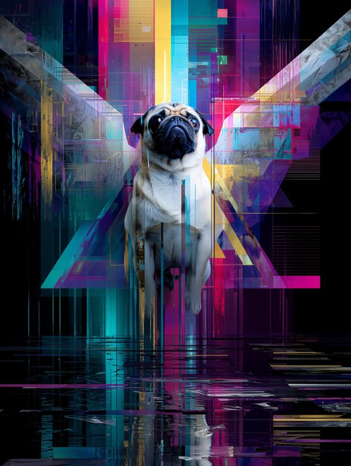 A vibrant, glitch-art style digital artwork featuring a pug floating in front of colorful geometric shapes and neon colors with a reflective floor.