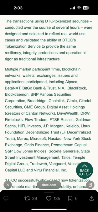 The image shows a mobile screenshot from DTCC.com detailing the list of market participants in their tokenization service trades, including firms like BlackRock, Circle, Microsoft, Nasdaq, and Virtu Financial, but notably absent are major crypto exchanges like Coinbase, Kraken, and Robinhood — supporting the post's claim that certain influencer-promoted firms were not actually involved in DTCC's tokenization launch.
