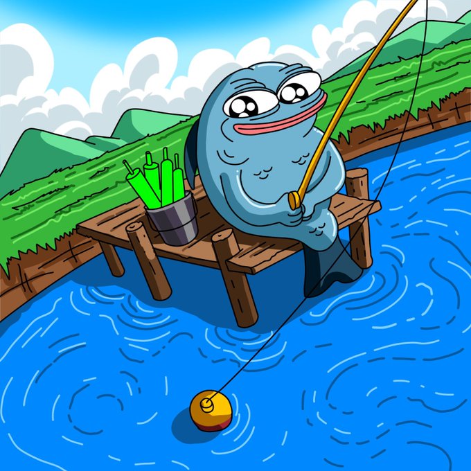 A cartoon fish character named $BLUB sits patiently on a wooden dock with a fishing rod, a bucket of green cattails beside him, waiting for a bite—mirroring the crypto meme's "hold" mentality of diamond-handed patience and conviction that the catch (profits) will come to those who refuse to let go.