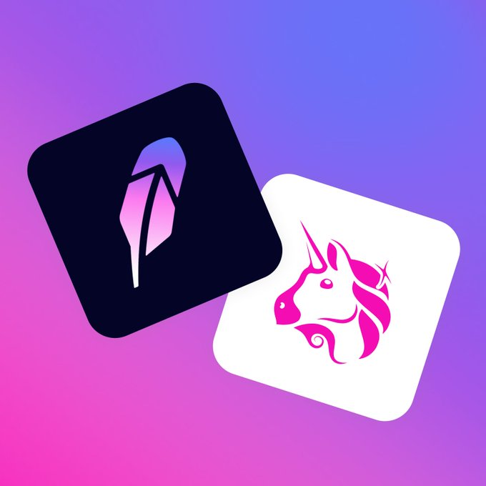Two stylized app icons displayed against a pink-to-purple gradient background: one dark icon with a shoe/footprint design and one white icon featuring a unicorn head in pink.