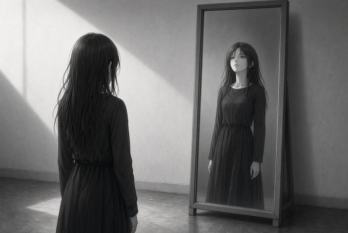 A black and white photo of a woman with long dark hair standing with her back to the viewer, looking at her reflection in a tall mirror.