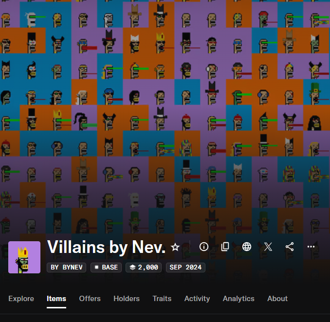 The image shows an NFT collection page titled "Villains by Nev" on Base chain, featuring pixel art villain characters on a grid background. The post relates to the image by referencing this collection, noting the 2,000 supply, September 2024 mint date, and current stats including 120 burned, 60 spots filled, 125 listed, and a .0048 ETH floor price.