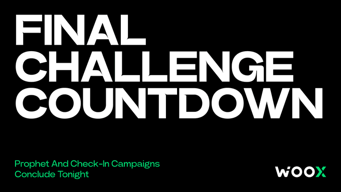 The image is a black announcement graphic with bold white text reading "FINAL CHALLENGE COUNTDOWN," accompanied by green text stating "Prophet And Check-In Campaigns Conclude Tonight" and the white "WOOX" logo in the bottom right corner. It visually reinforces the post's message that today is the last opportunity to participate in the WOO X Prophet and King of PnL community challenges before voting and check-in windows close tonight.