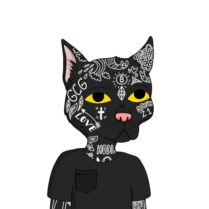 An illustration of a black cat with bright yellow eyes and intricate white tattoo-style designs on its face and neck, including text like 'LOVE', 'HODL', and '1.1'.