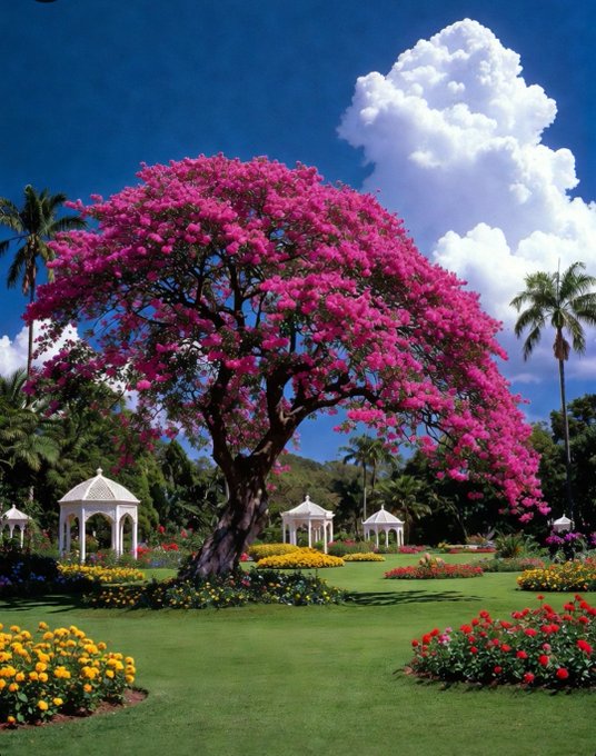 The image features a beautiful garden with a large tree at its center, surrounded by various flowers and plants. The garden appears to be well-maintained and vibrant, showcasing an array of colors from the different types of flowers. In addition to the colorful floral display, there are several gazebos scattered throughout the scene, adding architectural interest to the landscape. A person can also be seen in the background, possibly enjoying the serene atmosphere or tending to one of the plants. The image captures a moment of tranquility and beauty, with the garden as its backdrop.