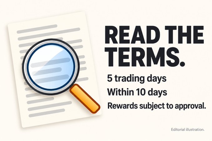 An editorial illustration featuring a magnifying glass over a document with text reading 'READ THE TERMS. 5 trading days Within 10 days Rewards subject to approval.'