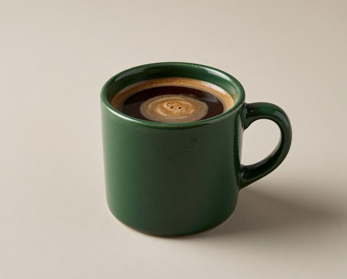 The image features a green coffee cup filled with dark liquid, likely black coffee or tea, placed against a white background. The cup has a handle on one side and a spout on the other, making it suitable for drinking from both sides. The photo is taken in a square format, giving it a balanced composition that draws attention to the cup of coffee as the main subject.