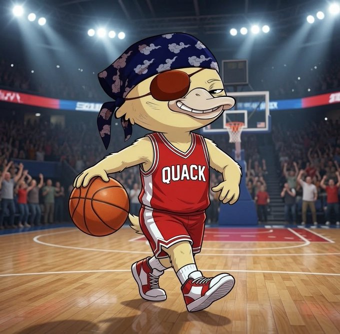 The image features a cartoon character, likely a basketball player or mascot, dressed in red and white clothing with a bandana around their neck and holding an orange basketball. The character appears to be walking across a basketball court while wearing sunglasses. In the background, there are people watching the scene unfold on the court.