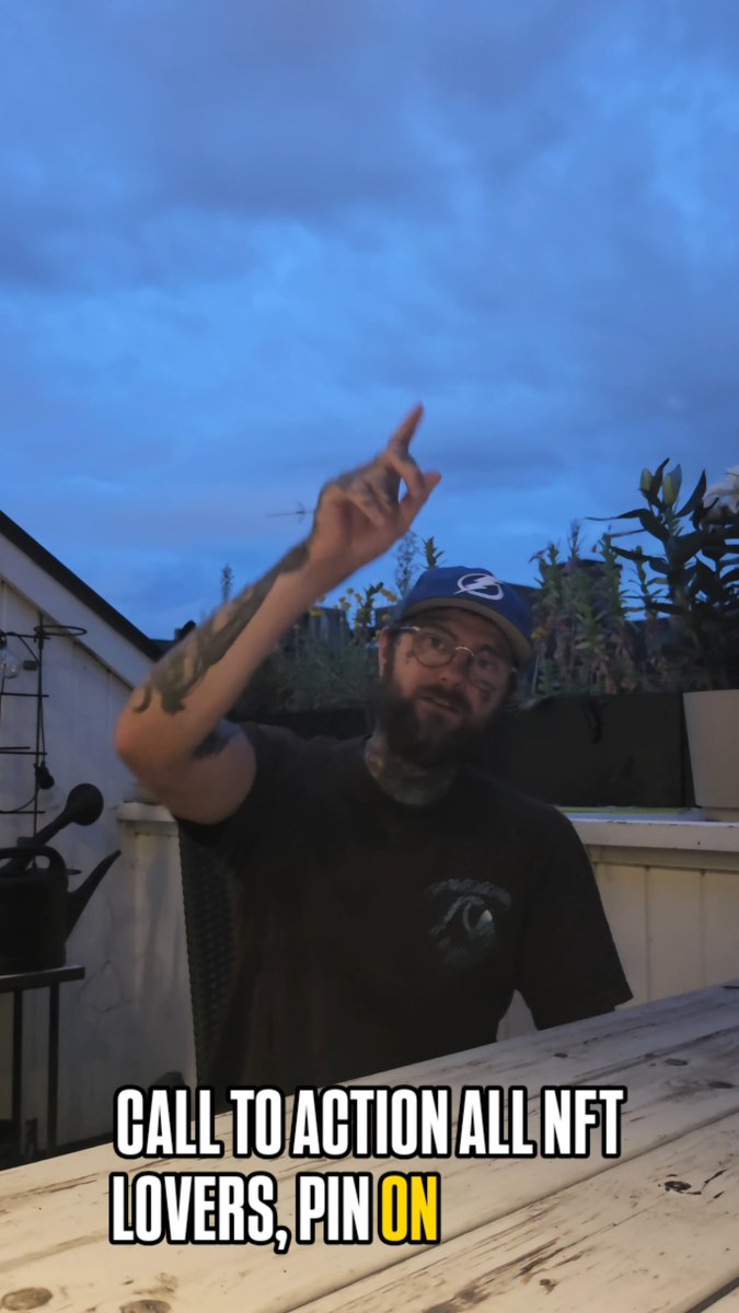 A bearded man in a cap points upward against a dusky blue sky on a rooftop patio, with the caption "CALL TO ACTION ALL NFT LOVERS, PIN ON" displayed at the bottom—visually reinforcing the post's community-driven message by @SolOnChain about organic growth and upcoming milestones for the project.