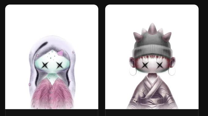Two stylized characters with X'd-out eyes are displayed side by side: one in a hooded outfit with pink hair, and another wearing a spiked beanie and patterned sweater, presented as profile pictures (PFPs) associated with the @pyopyopyo410 user.