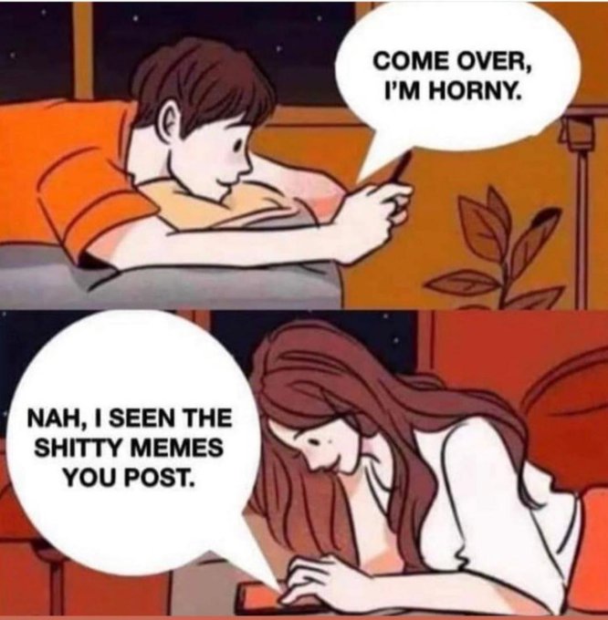The image shows two different posts about a man lying down with his phone, one of which is a meme featuring a woman laying down next to him. The caption reads "Come over, I'm horny." One post is titled "NAH, I see the shit memes you posted," and the other post has a title that says "Focus on what is in the image and how it relates to the post".