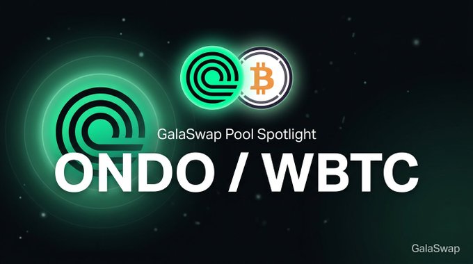 Promotional graphic for GalaSwap featuring a glowing green circular logo next to a Bitcoin coin icon, with text reading "GalaSwap Pool Spotlight" and "ONDO / WBTC" highlighting the featured trading pair along with key metrics like $81k TVL, 40.4% APR, and $33k 24-hour volume.