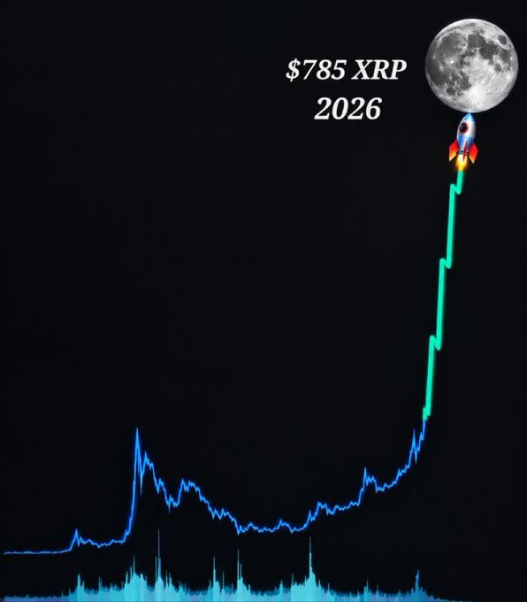 A meme-style chart predicting '$785 XRP 2026' with a rocket ship flying to the moon, showing a blue price chart with a dramatic green spike upward.