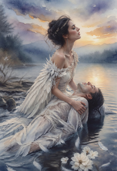 A winged angelic figure cradles a man in her arms while floating in a serene lake at sunset, evoking a transcendent, channeled scene of ethereal love. The dreamlike painting captures the emotional, otherworldly essence suggested by the prompt about channeling art through oneself.