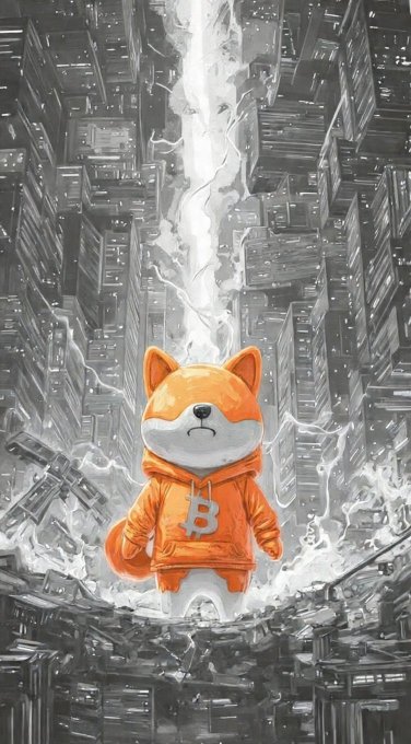 Digital artwork of an orange Shiba Inu dog wearing a hoodie with the Bitcoin 'B' logo, standing amid a chaotic cityscape with white energy effects.